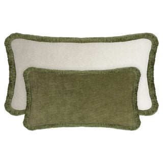 Couple Happy Pillow in Green and White Velvet with Fringes from Lo Decor, Set of 2 For Sale
