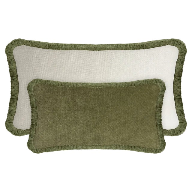 Couple Happy Pillow in Green and White Velvet with Fringes from Lo Decor, Set of 2 For Sale