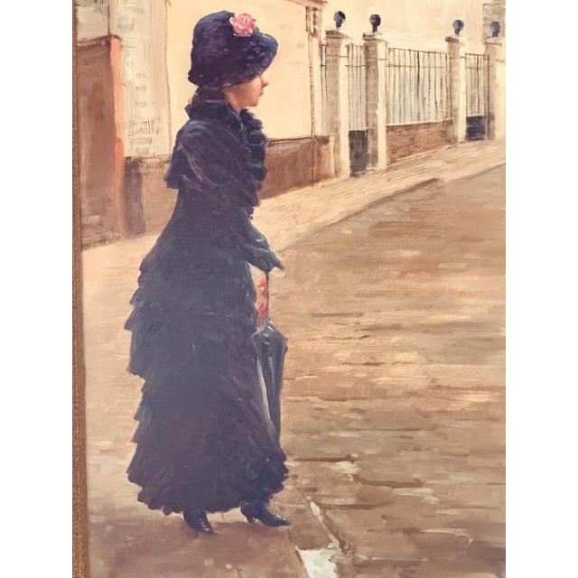 Large Vintage Parisian Street Scene Oil Painting of Victorian Woman in Ornate Gilt Frame For Sale - Image 15 of 17