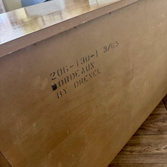French Provincial Vintage Drexel Bordeaux 9-Drawer Serpentine Lowboy Dresser For Sale - Image 13 of 14