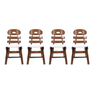 Spanish Brutalist Fishbone Chairs in Oak and Bouclé, 1960s, Set of 4 For Sale