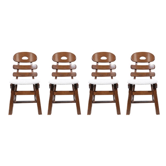 Spanish Brutalist Fishbone Chairs in Oak and Bouclé, 1960s, Set of 4 For Sale