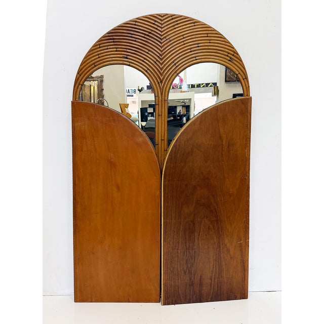 Wood Vintage Crespi Style Rattan and Mirror Folding Arch Screen, 3 Panels For Sale - Image 7 of 7