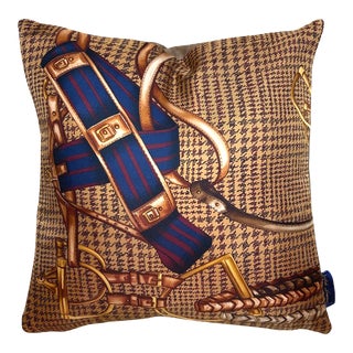 Ralph Lauren Houndstooth Equestrian Vintage Silk Scarf Pillow For Sale