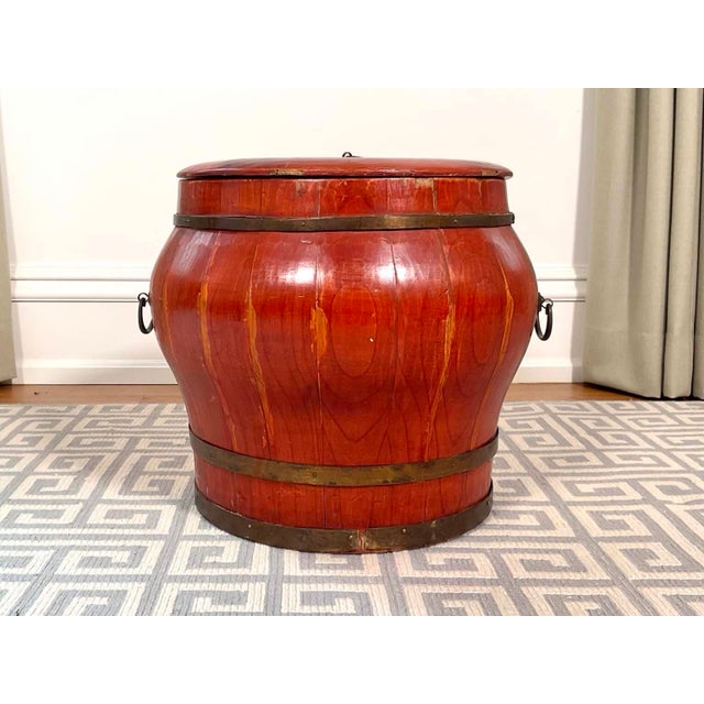 Early 20th Century Antique Chinese Red Lacquer Elm Rice / Grain Storage Vessel — Sculptural Qing Style Container For Sale - Image 5 of 12