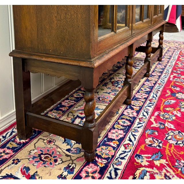 Wood Antique English Jacobean Bookcase Bookshelf Cabinet Triple Glass Door Oak C1930s For Sale - Image 7 of 18