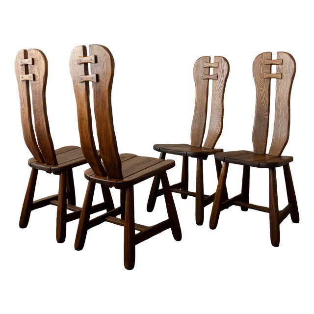 Brutalist Oak Dining Chairs with Sculptural High Backs by De Puydt, 1960s, Set of 4 For Sale
