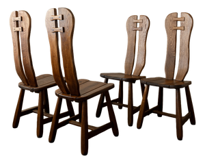 Brutalist Oak Dining Chairs with Sculptural High Backs by De Puydt, 1960s, Set of 4