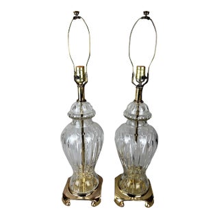Attributed 1920s European Cut Crystal and Brass Urn Table Lamps – A Pair For Sale