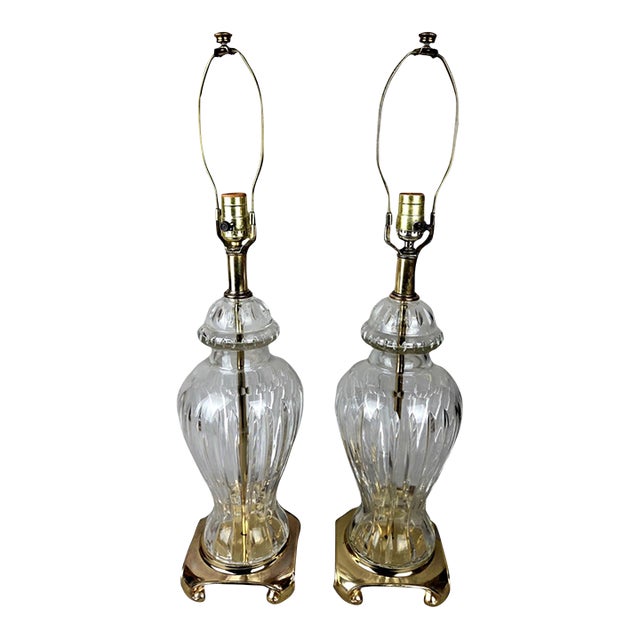 Attributed 1920s European Cut Crystal and Brass Urn Table Lamps – A Pair For Sale