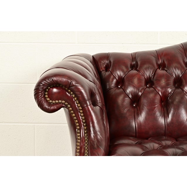 Hancock and Moore Style Vintage Chippendale Tufted Oxblood Leather Camelback Chesterfield Sofa, Circa 1980s For Sale - Image 9 of 14