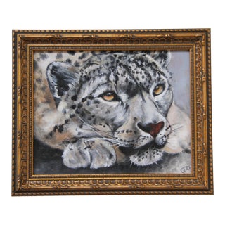 Leopard Portrait Realism Traditional Tan Gray Original Oil Painting by Cleo Plowden For Sale