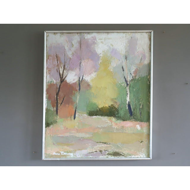 PASTEL GROVE Size: 22 x 18.7 inches (including frame) Oil on canvas A soothing and pleasant mid-century abstract modernist...