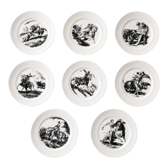 Vintage Spanish Bidasoa Bullfighting Porcelain Plates by Antonio Casero Set of 8 For Sale