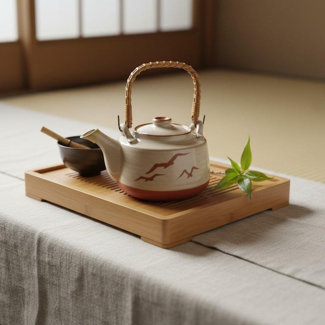 Otagiri Company Vintage Mid-Century Modern Otagiri Japan Stoneware Seagull-Rattan Handle-Ceramic-Coastal Teapot For Sale - Image 4 of 11