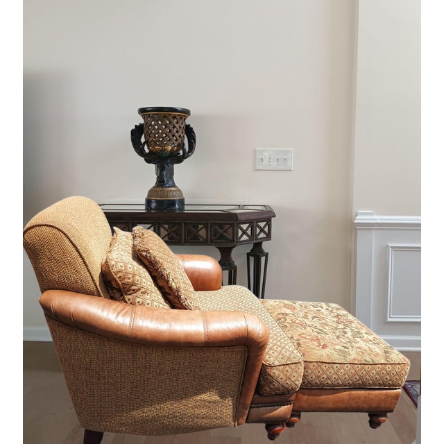 Boho Chic American-Made Luxury Ricardo Leather/Fabric Chair and Ottoman Set by King Hickory. For Sale - Image 3 of 12