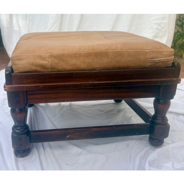 Ethan Allen Ethan Allan Heirloom Collection Leather and Solid Wood in Nutmeg Finish Footstool For Sale - Image 4 of 13