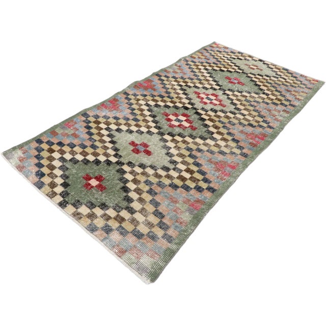 distressed vintage Turkish Sivas rug with rustic Mid-Century Modern Cubist style. This hand knotted wool distressed...