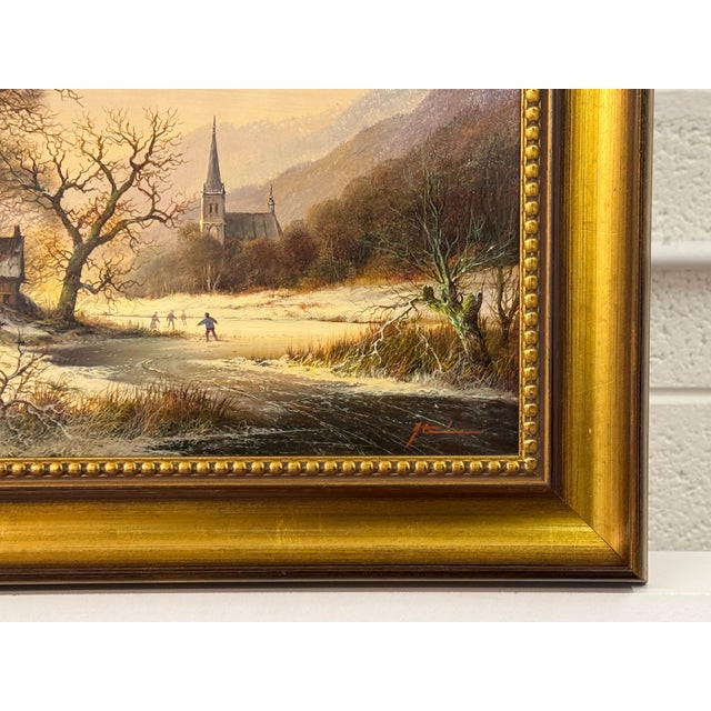 Vintage Rural Landscape Snow Scene "Winter Cold, Farm Idyll" by German Artist 1970 Circa For Sale - Image 4 of 15