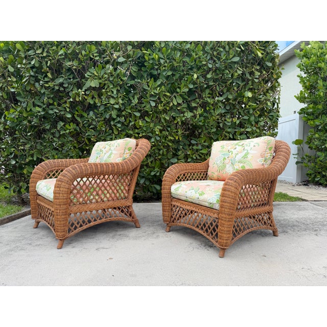 Hollywood Regency Vintage Palm Beach Style Rolled Arm Wicker Lounge Chairs – A Pair For Sale - Image 3 of 12