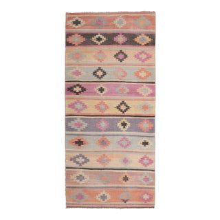 Vintage Turkish Oushak Handmade Wool Cotton Green Kilim Runner Rug For Sale