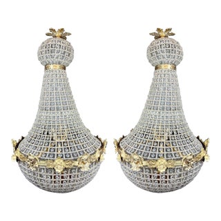 1970s French Louis XVI Gold Bronze Crystal Chandeliers-Pair For Sale