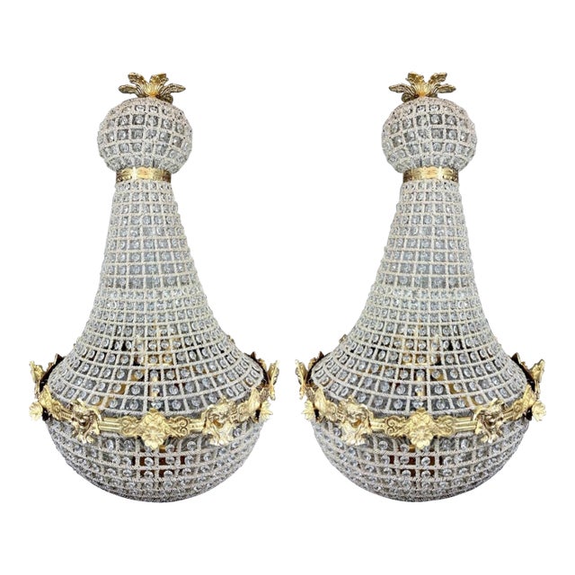 1970s French Louis XVI Gold Bronze Crystal Chandeliers-Pair For Sale