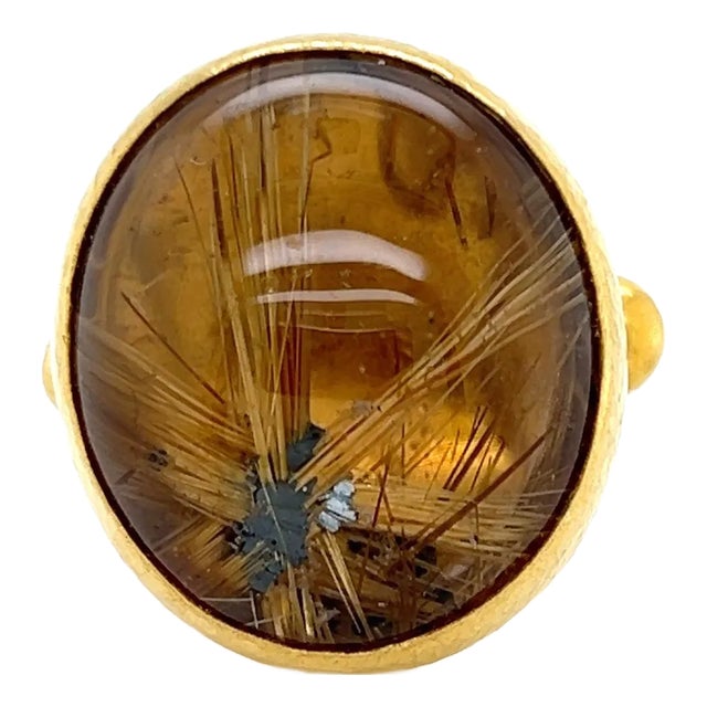 Gurhan Rune 24k Gold Rutilated Quartz Stone Cocktail Ring, Size 6 For Sale