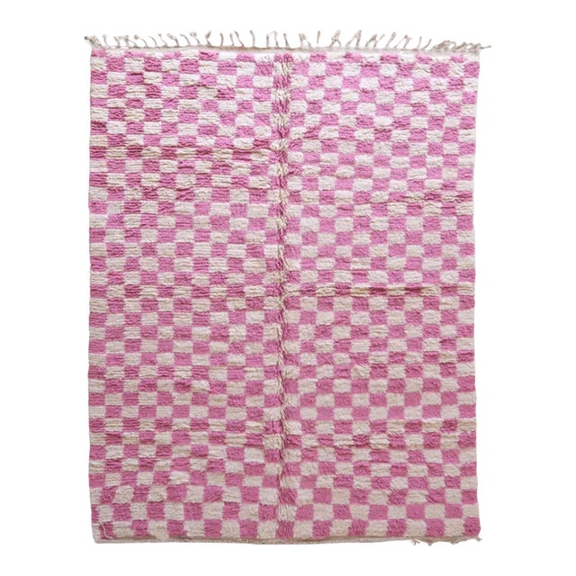 Moroccan Pink Checkered Wool Rug - 9.6 X 7.1 Ft For Sale