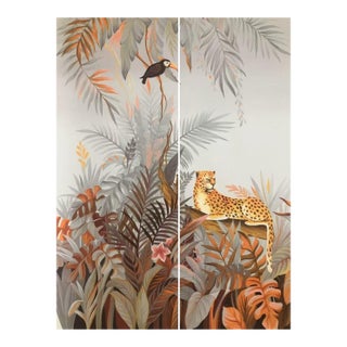 36" * H96" * 2ps, Hand-Painted Vintage Jungle Sanctuary Jaguar & Toucan Tropical Mural For Sale