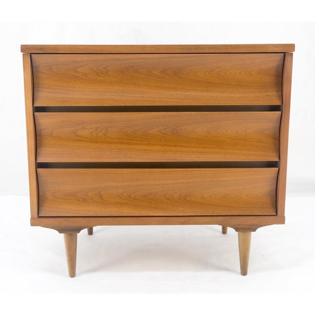 Compact 3 Drawer Walnut Concave Drawer Front Mid Century Bachelor Chest Dresser For Sale - Image 11 of 16