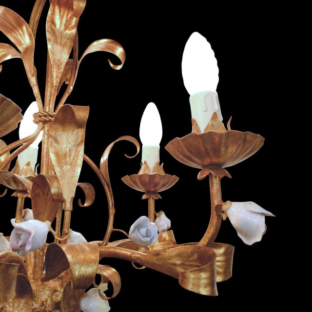 Vintage Hollywood Regency Florentine Five-Arm Metal Chandelier with Porcelain Flowers, 1970s For Sale - Image 15 of 18