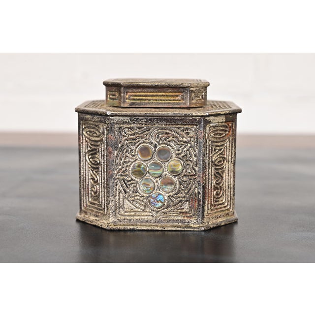 A gorgeous Art Nouveau or Arts & Crafts period silvered bronze and inlaid abalone inkwell By Tiffany Studios (signed to...
