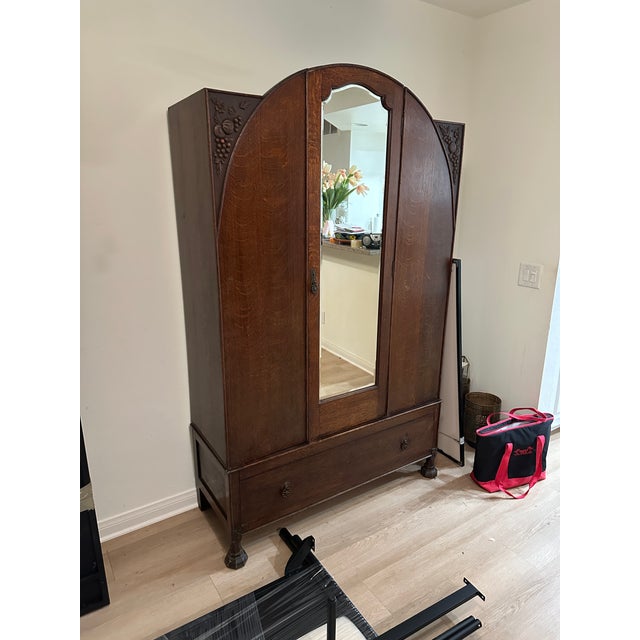 Early 20th Century British Made Art Nouveau Wardrobe Armoire With Stunning Carved Relief Accents and Hardware For Sale - Image 9 of 12