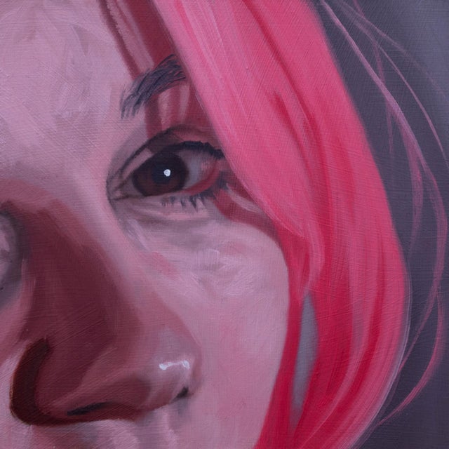 This oil on wood panel artwork presents a close-up view of a face, capturing an expressive gaze that resonates with an...