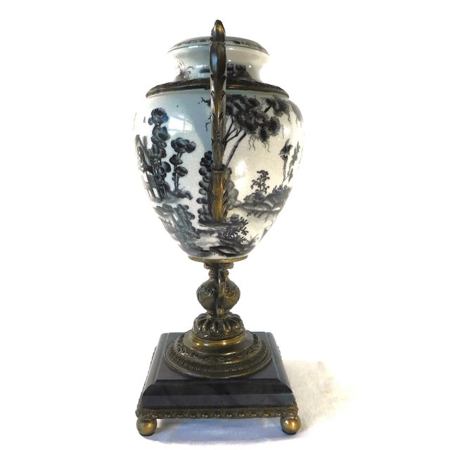 Metal Mid Century Black & White Porcelain Bronze & Marble Pedestal Urn Vase For Sale - Image 7 of 12