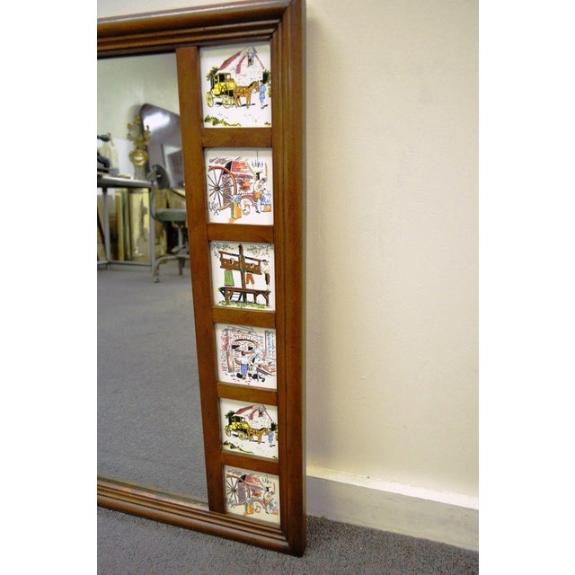 Vintage Arts & Crafts Style Walnut Wall Mirror Inset Genre Portrait Painted Tile Chairish