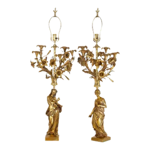 Pair of French “Poet & Musician” Bronze Sculpture Five-Light Candelabra