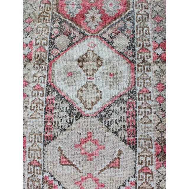 Cream Vintage Turkish Oushak Runner With Geometric Design in Charcoal, Pink, and Cream For Sale - Image 8 of 13