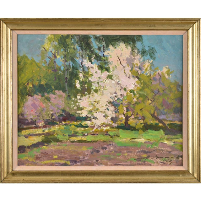 Alfejs Bromults, Apple Tree Blooming, 1969, Oil on Cardboard, in Good conditions. Designed 1960 to 1969 This piece has an...