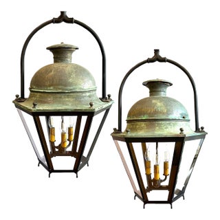 19th Century French Copper Street Lanterns - Pair - Rewired - 6 Foot Chains For Sale