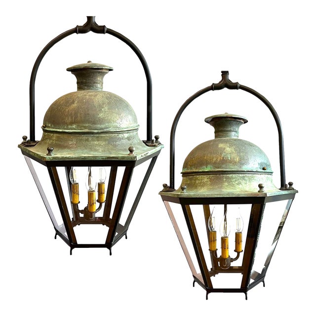 19th Century French Copper Street Lanterns - Pair - Rewired - 6 Foot Chains For Sale