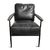 Handsome dark charcoal black top grain leather club chair. Grey-brown wood armrests and hand hammered iron frame. Each...