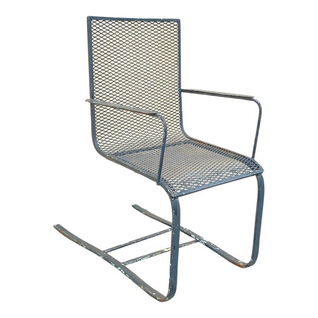 Mid 20th Century Industrial Modern Wrought Iron Mesh Spring Cantilever Patio Chair For Sale