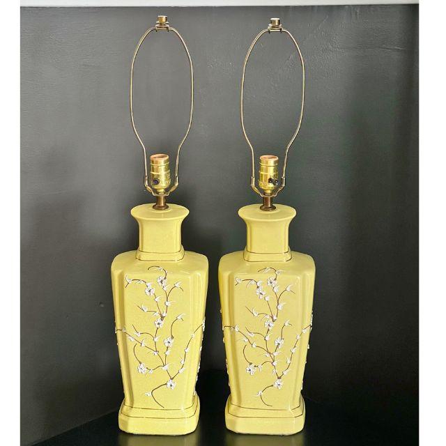Mid 20th Century Porcelain, Pale Yellow Table Lamps, Raised Chinoiserie ...