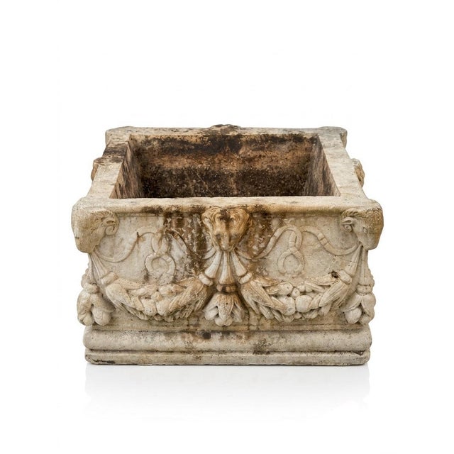 Vintage Neoclassical Cast Stone Planter With Ram's Head and Lion Masks For Sale - Image 4 of 12