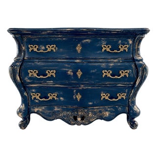 Hand-Painted Royal Blue Pulaski Bombé Chest—Distressed French Provincial Dresser For Sale