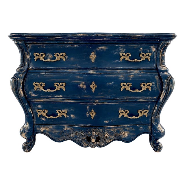 Hand-Painted Royal Blue Pulaski Bombé Chest—Distressed French Provincial Dresser For Sale
