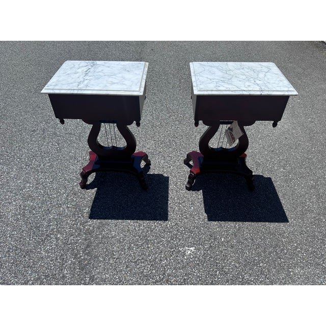 Brown Pair of Vintage Kimball Marble Top Lyre Pedestal End Tables For Sale - Image 8 of 9