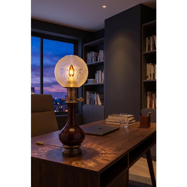 Metal Amber-Brown Glass and Brass Table Lamp with Etched Glass Globe, 1950s For Sale - Image 7 of 18